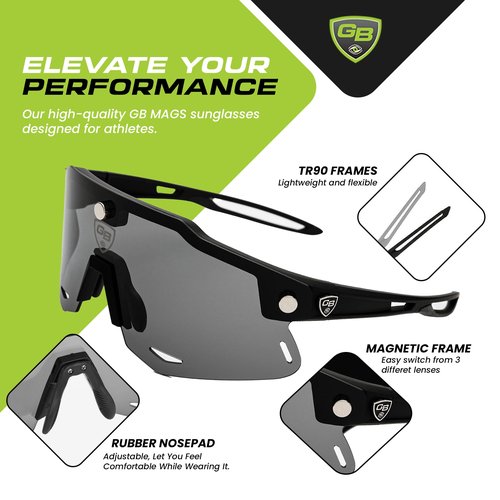 GB Eyeblack GB MAGS Magnetic White Frame Set Polarized Sports Sunglasses Cycling Sun Glasses for Men Women with 3 Interchangeable Lenses for Running Cycling Baseball Golf Driving