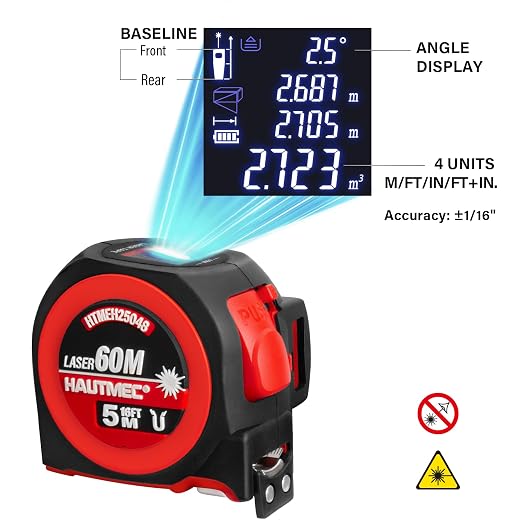 HAUTMEC 3-in-1 Laser Tape Measure, 197ft Digital Tape Measure & 16ft Measuring