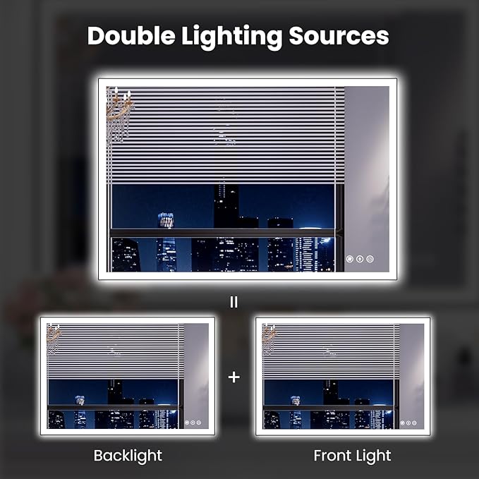 WTTY 40"X32" LED Bathroom Mirror with Black Frame, Bathroom Vanity Mirror with Lights for Wall, Front Light and Backlit, Anti-Fog, Dimmable, 3 Colors, Shatterproof, Memory, Horizontal/Vertical