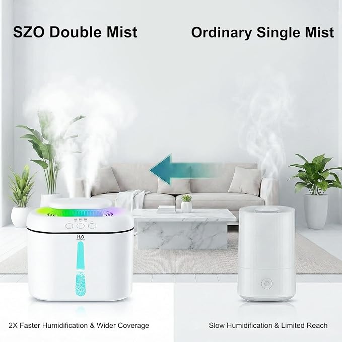 SZO Humidifiers for Bedroom Large Room, 2.5L Dual Nozzle Cool Mist Humidifier for Baby, 16dB Ultra Quiet, Top Fill, Slim Flat Design for Nightstand, Auto Shut-off