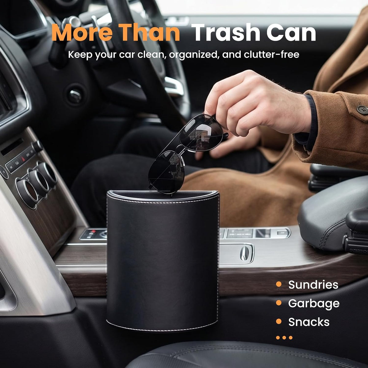Car Trash Can,Leakproof Leather Car Garbage Can with Hanging Hooks,Waterproof Automotive Trash Bin,Portable & Multi-Purpose Vehicle Garbage Cans for Cars,SUV & Truck,Easy to Clean (Black)