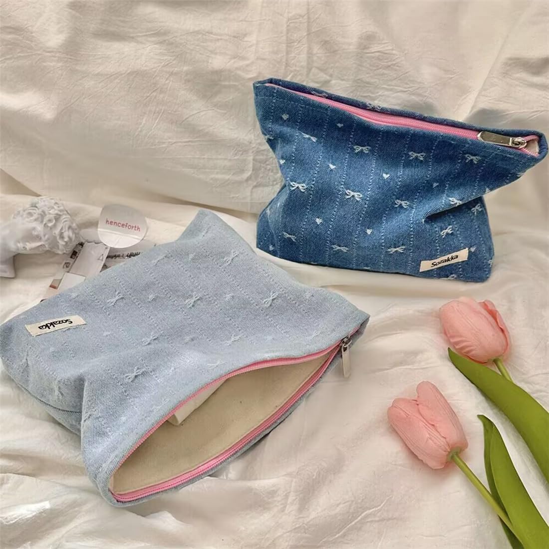 SxoSyo Denim Makeup Bags for Women, Canvas Cosmetic Pouch Large Purse, Blue