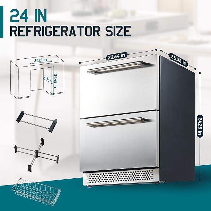 Albott 24 Inch Under Counter Drawer Fridge, Dual-Zone Beverage Refrigerator | Stainless Steel Design, LED Touch Control, Adjustable Storage, Frost-Free, Low Noise, 34℉-68℉, -0.4℉ to 32℉