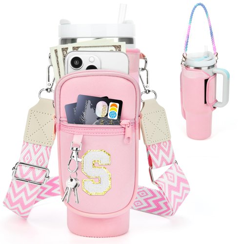 LOKASS Water Bottle Holder for Stanley Cup 40oz, Stanley Cup Accessories A-Z Personalized Water Bottle Carrier Bag with Strap, Personalized Gifts for Women/Girls/Stanley Cup Fans