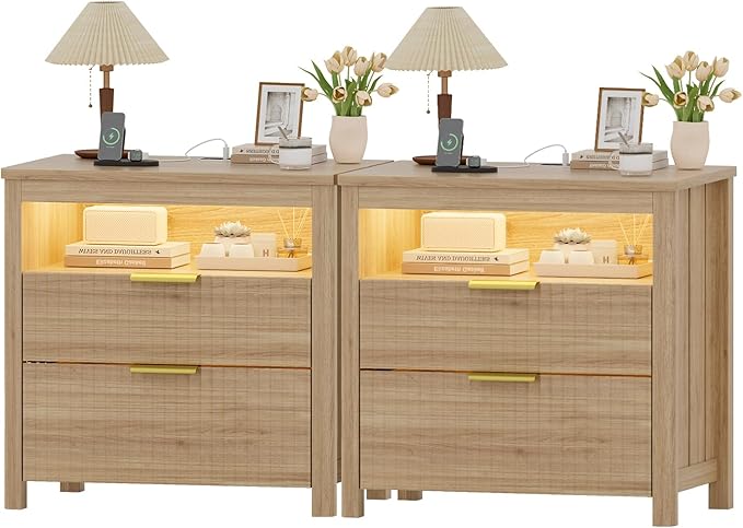 HNEBC Nightstand Set of 2 with Gun Drawer, Nightstands with Hidden Compartment, Larger Wider Bedside Table with Charging Station for Bedroom Dorm, Sofa, Office,Ideal Furniture & Decor-Natural