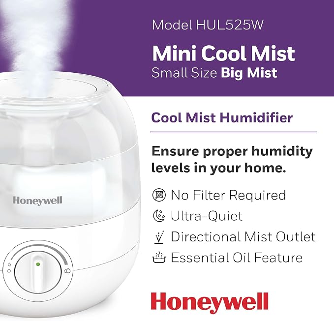 Honeywell Mini Cool Mist humidifier, Easy to Fill and Clean, humidifier for small Bedroom, Kids Rooms, or office. Ultra Quiet Operation and Auto Shut-Off - White, HUL525W