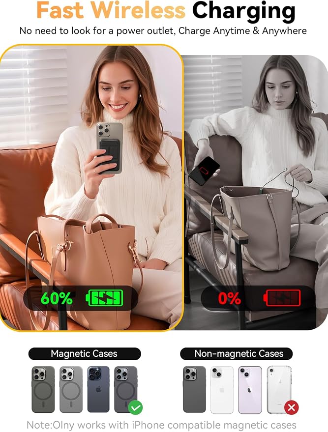 Magnetic Portable Charger, 10000mAh Power Bank Compatible with MagSafe, 20W Fast Charging, Foldable Wireless Battery Pack for iPhone 17/16/15/14 All Series, Travel Essentials