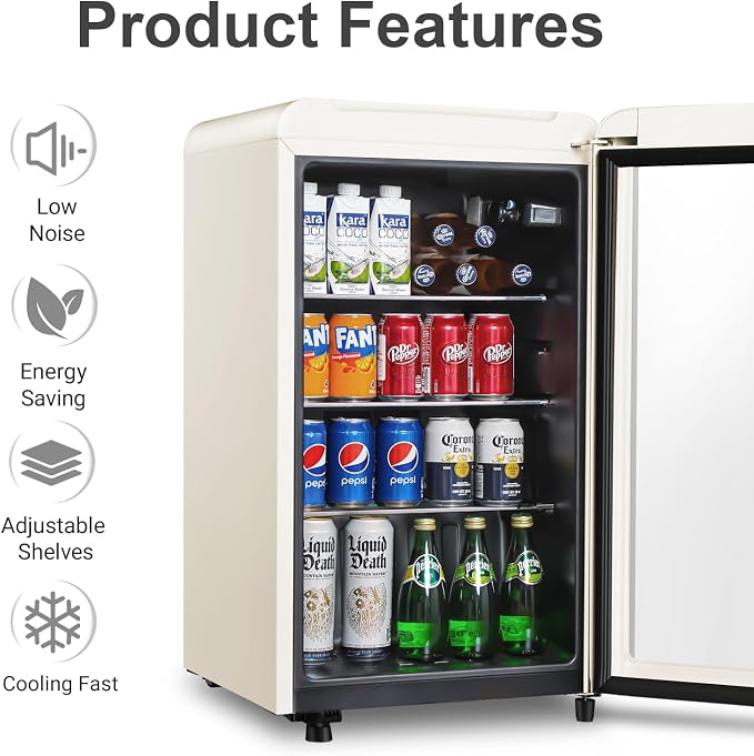 Retro Beverage Refrigerator Cooler, 3.2 Cu.ft Mini Fridge with Glass Door for Soda Beer Wine, Beverage Cooler Prefect for Home, Bar