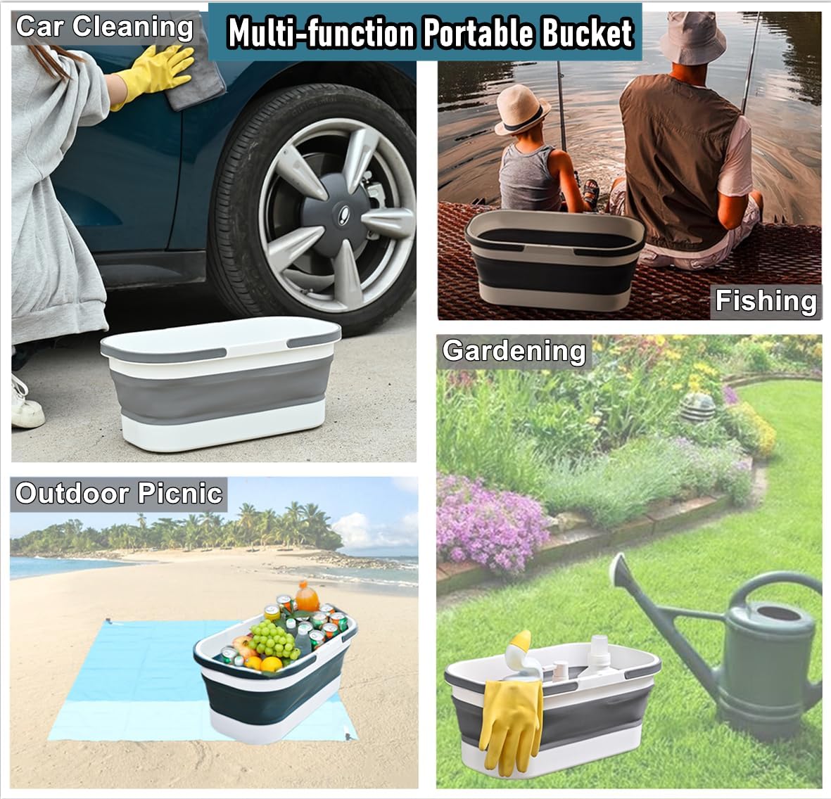Collapsible Mop Bucket Basin Tub with Handle and Wheels, 12L (3.2 Gallon) Foldable Small Plastic Container for Household Cleaning, Car Washing, Portable Basket Bin Tool for Storage Organizer, Grey
