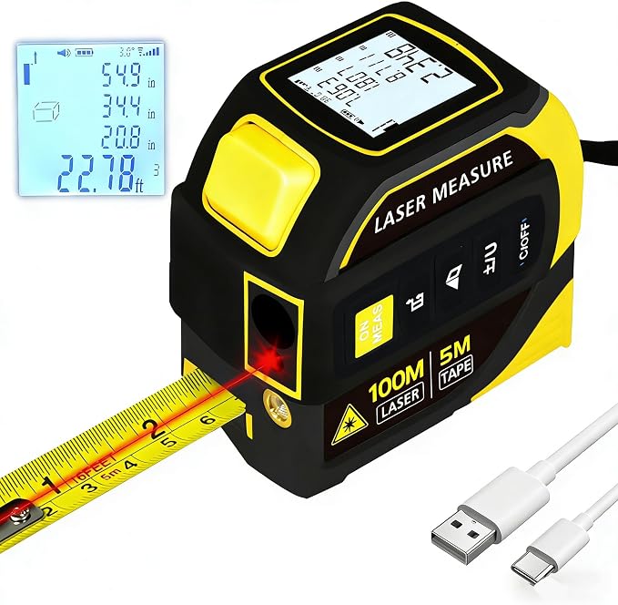 4-in-1 Laser Tape Measure 328FT, Digital Laser Distance Meter, 16FT Steel Tape