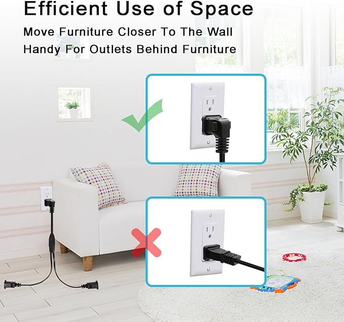 3FT Extension Cord Splitter- 2 Way Outlet Splitter Extension Cords 2 Prong with Right Angle Plug,Thin Design for Indoor/Outdoor Use, Christmas Lights & Home Appliances,Black