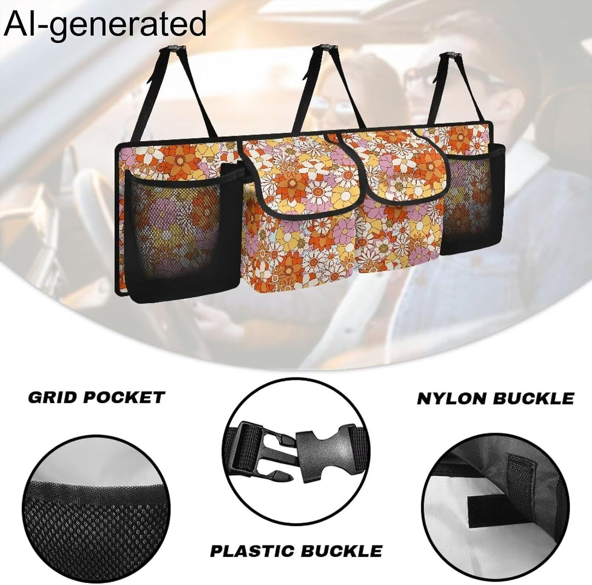 Hippie Flower Car Trunk Organizer,Backseat Hanging Large Storage with Adjustable Straps,Waterproof Collapsible Cargo Bag,Car Interior Accessories for Auto SUV