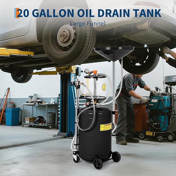 20 Gallon Waste Oil Drain Tank, Oil Drain Extractor, Pneumatic Drainer for Automotive Fluids, Portable Waste Oil Container with Air Operation (20 Gallon - Measuring Cup - Black)