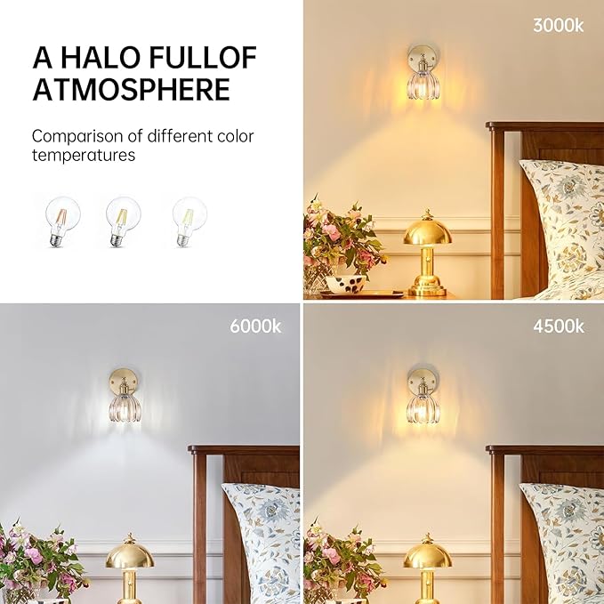 Vintage Wall Sconces Set of 2 with Amber Tulip Glass Lampshade 180 Degree Adjustable Brass Sconces Hradwired Modern Wall Lighting Fixture with Switch for Bedside Bedroom Doorway