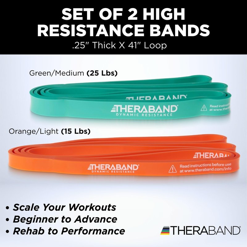 THERABAND High Resistance Bands, Set of 2 Elastic Super Bands for Improving Flexibility, Injury Rehab, & Full Body Workouts, Heavy Duty Stretch Bands for Lifting, 1 Light & 1 Medium Band, Multi