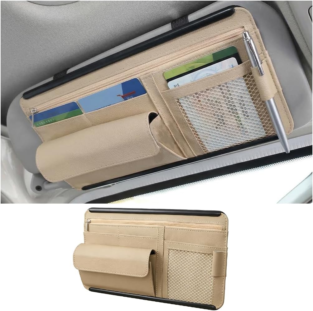 Car Sun Visor Organizer with Zipper Pocket, Multi-Pocket Vehicle Visor Storage Pouch with Card Sleeve, Eyeglasses Holder Box, Auto Interior Sunvisor Organizer Pocket, Universal Fit (Beige)