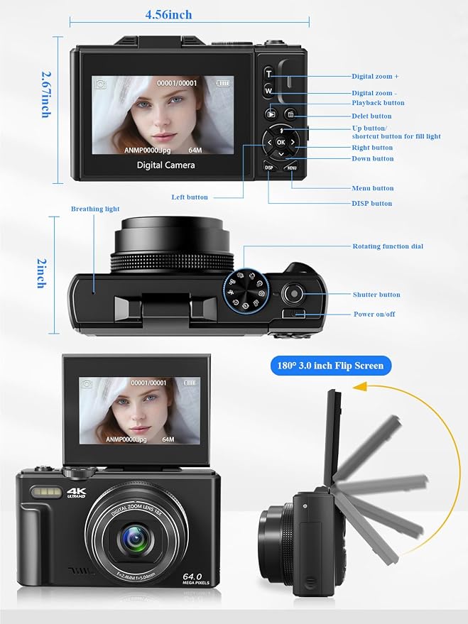 4K Digital Camera for Photography, 64MP Vlogging Camera for YouTube, WiFi Vlog