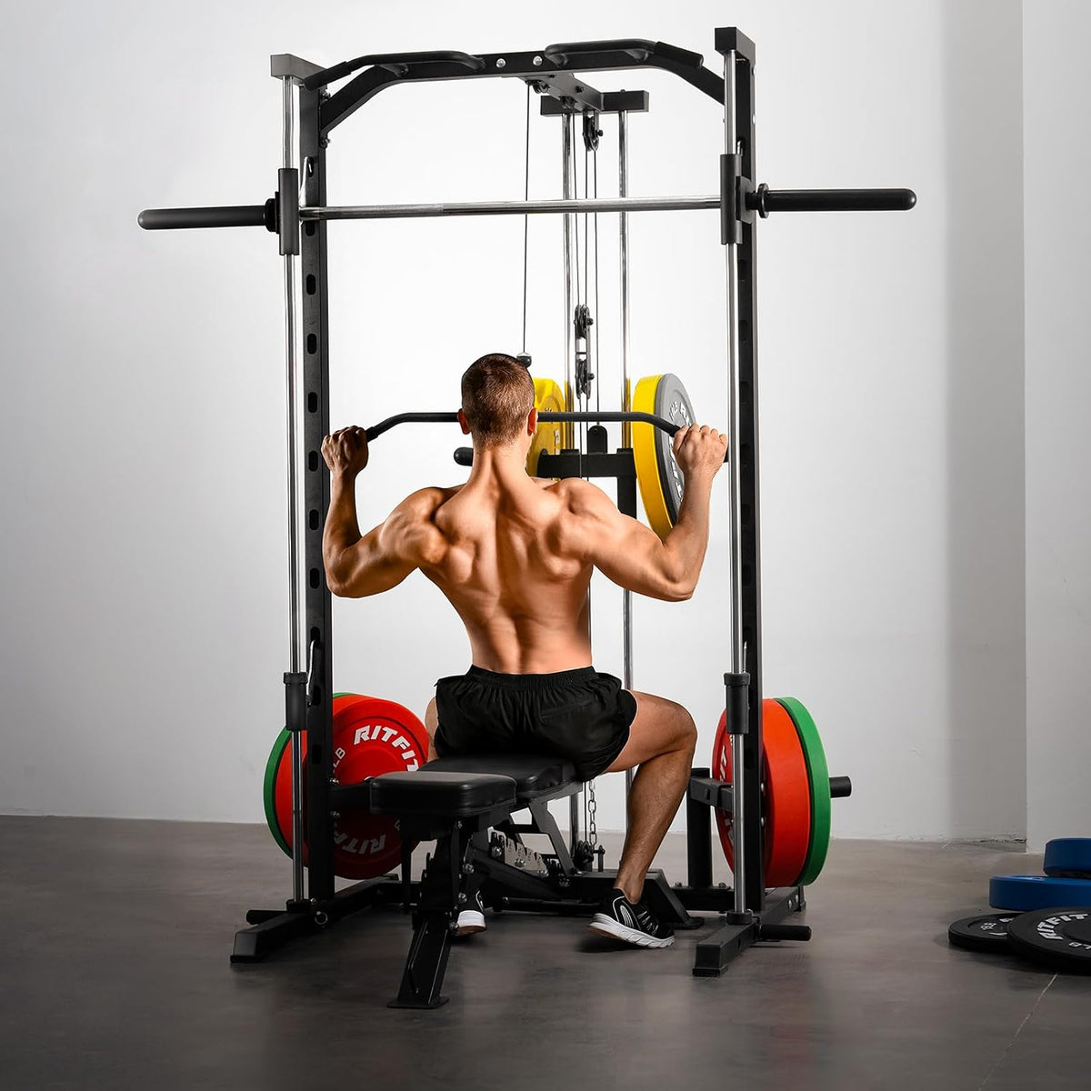 RitFit Smith Machine Power Rack - Versatile LAT Pull Down System & Barbell Training Attachments