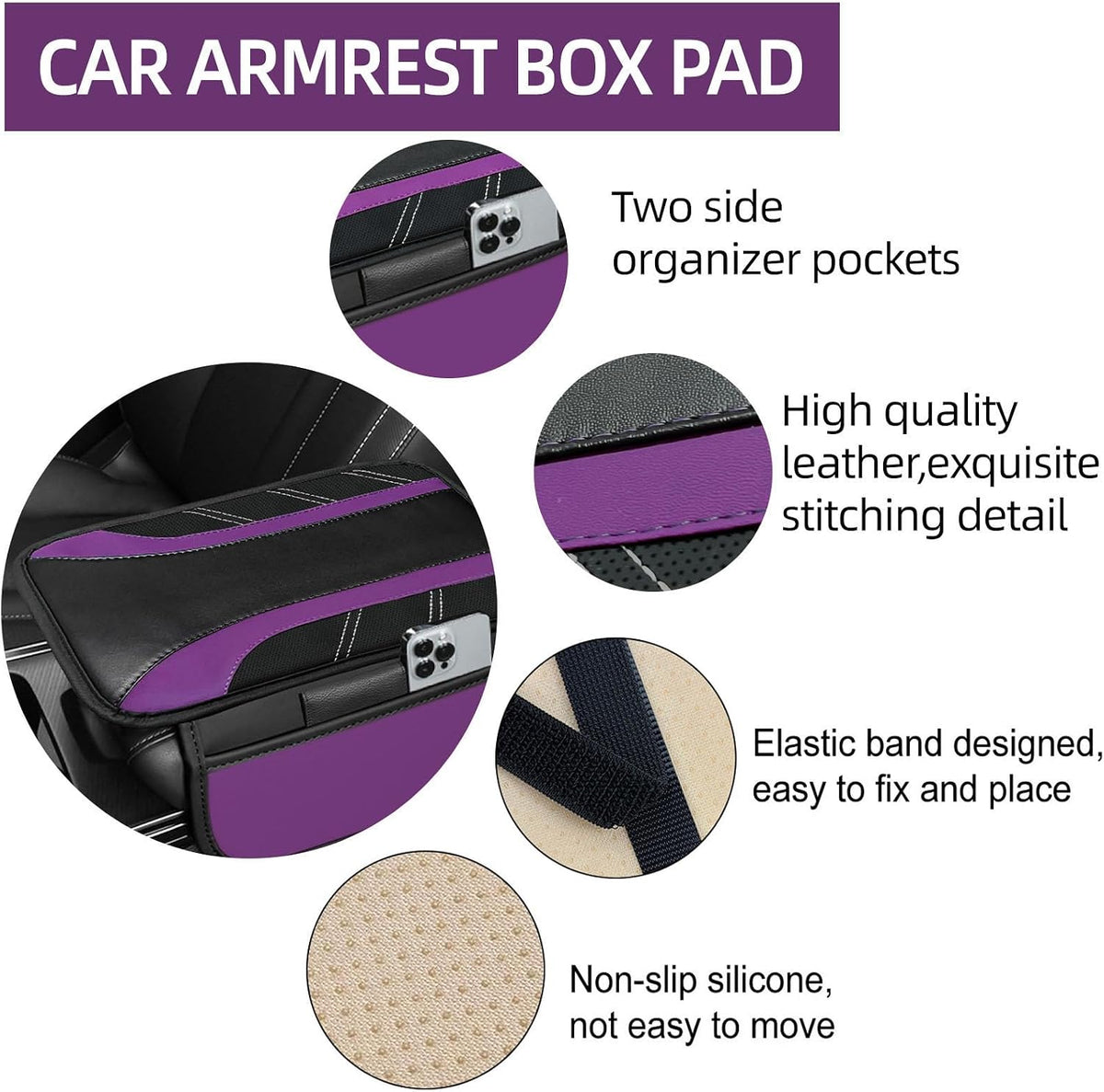 NBTEPEM 6 Pcs Purple Steering Wheel Cover Set, Sport Microfiber Leather Steering Wheel Cover 14.5-15inch Universal, Car Center Console Cover, Seat Belt Cushion, Cup Coasters, Purple Car Accessories
