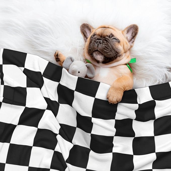 Double Sided Plush Pet Blanket with Cozy Dot Texture and Smooth Reverse, Checkered Race Waving Flag, Reversible Throw for Dogs Cats on Couches Beds Crates