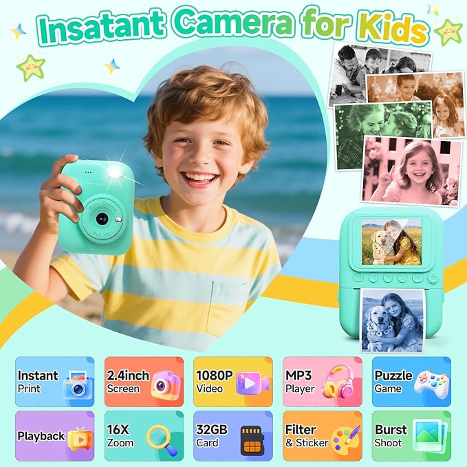Kids Camera Instant Print, 1080P Digital Instant Print Cameras