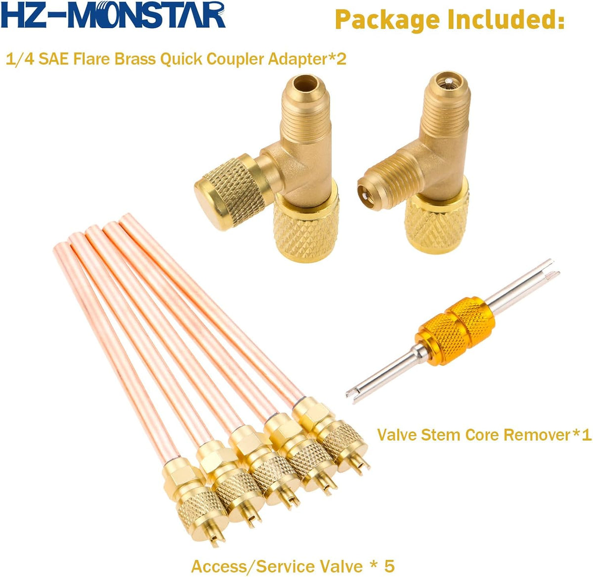 HVAC Service Access Valves Kit 1/4" SAE x 1/4" OD x 2.5" Stem | 1/4 SAE Flare Brass Quick Coupler Adapter, Quick Coupler Access Tee for HVAC Refrigerant System R12 R22 R502 R134A
