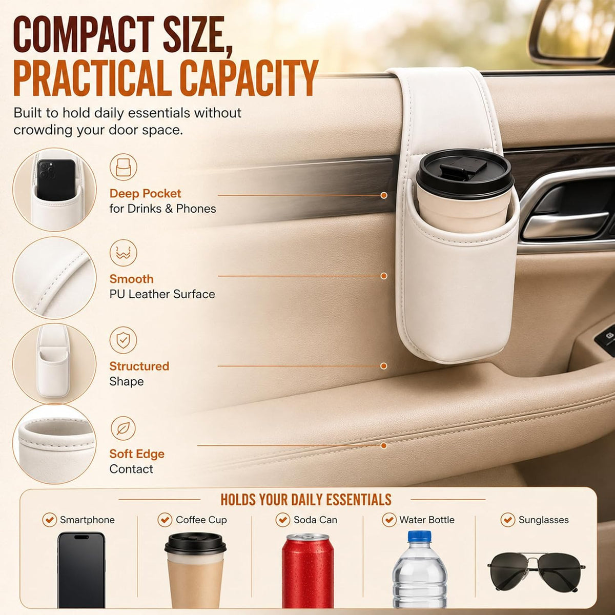 Leather Car Door Cup Holder for Window, Hanging Bottle Holder, Black