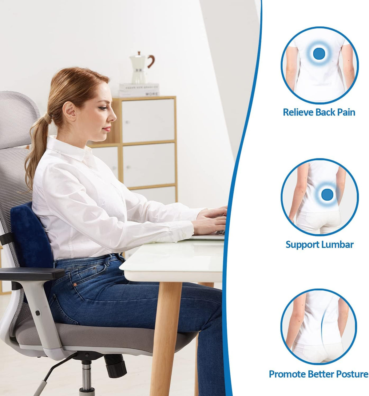 SAIREIDER Office Chair Lumbar Pillow, Memory Foam Back Support Pillows for Car、Gaming Chair、 Home Chair, Fatigue Relief Correct Posture, Double Adjustable Straps(Navy Blue)