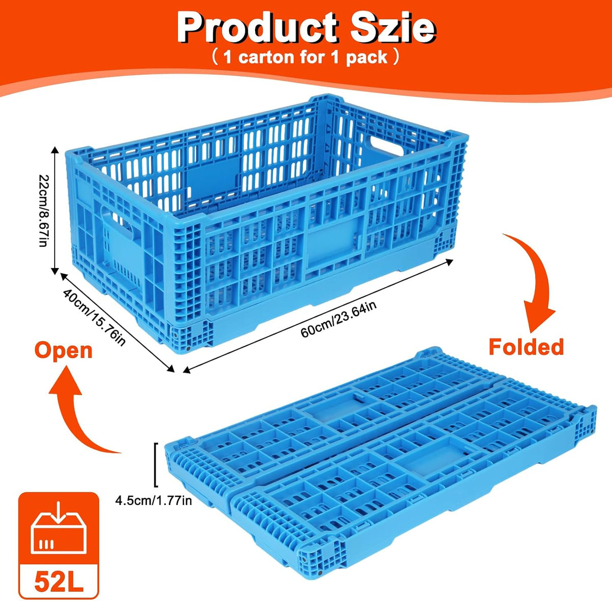 52L Plastic Collapsible Storage Bins with Handles, | Stackable Folding Storage Crates, Hold 130 lbs Per Bin, Heavy Duty Milk Crates Containers for Home Organizing