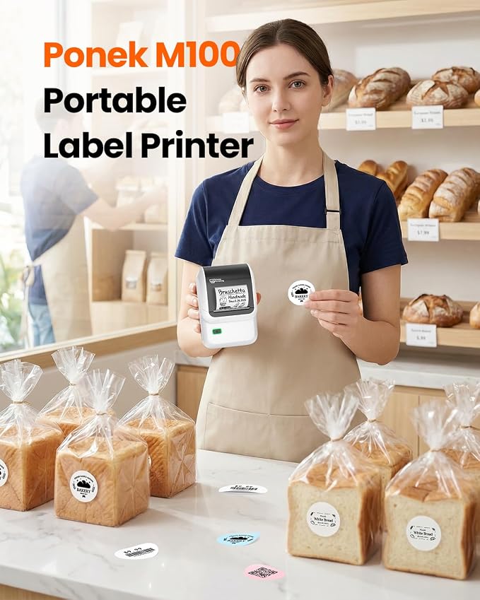 Ponek Label Maker Machine with 3 Tapes, M100 Bluetooth Label Printer, Versatile