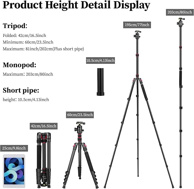 81" Professional Tripod for Camera & Phone -Tall, Compact Travel Tripod Stand