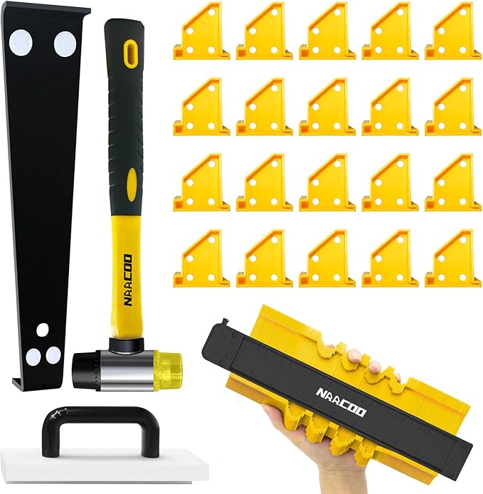 NAACOO Laminate Flooring Tools, LVP Installation Kit, Professional Vinyl Flooring Tools - Tapping Block with Handle, 10” Contour Gauge, Pull Bar, 2 in 1 Spacers, Double-Faced Mallet.