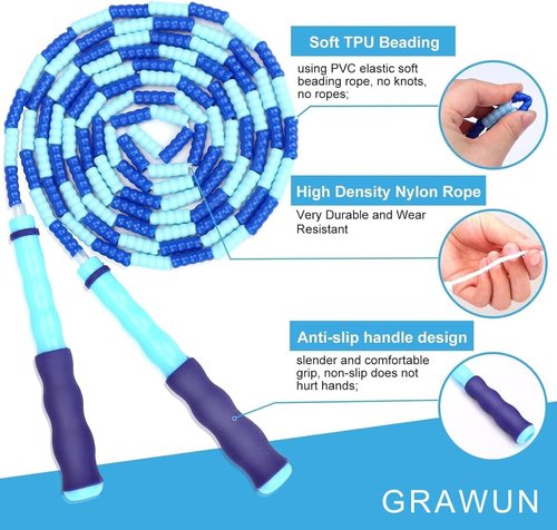 GRAWUN Jump Rope - Adjustable Soft Beaded Skipping Rope for Kids & Adults | Tangle-Free Design