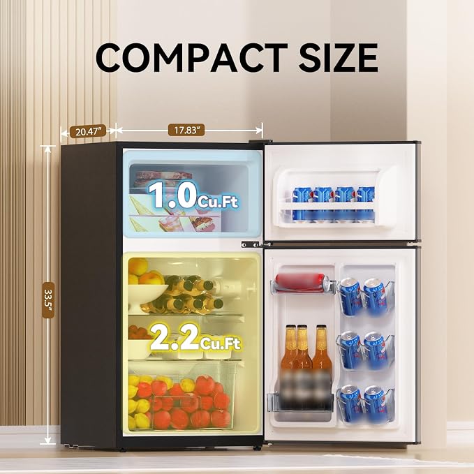 Mini Fridge with Freezer 3.2 Cu.Ft. 2 Door Refrigerator and Freezer Small Fridge for Bedroom Home Office Dorm, Small Drink Chiller, Adjustable Thermostat,37 dB Low Noise, Stainless Steel