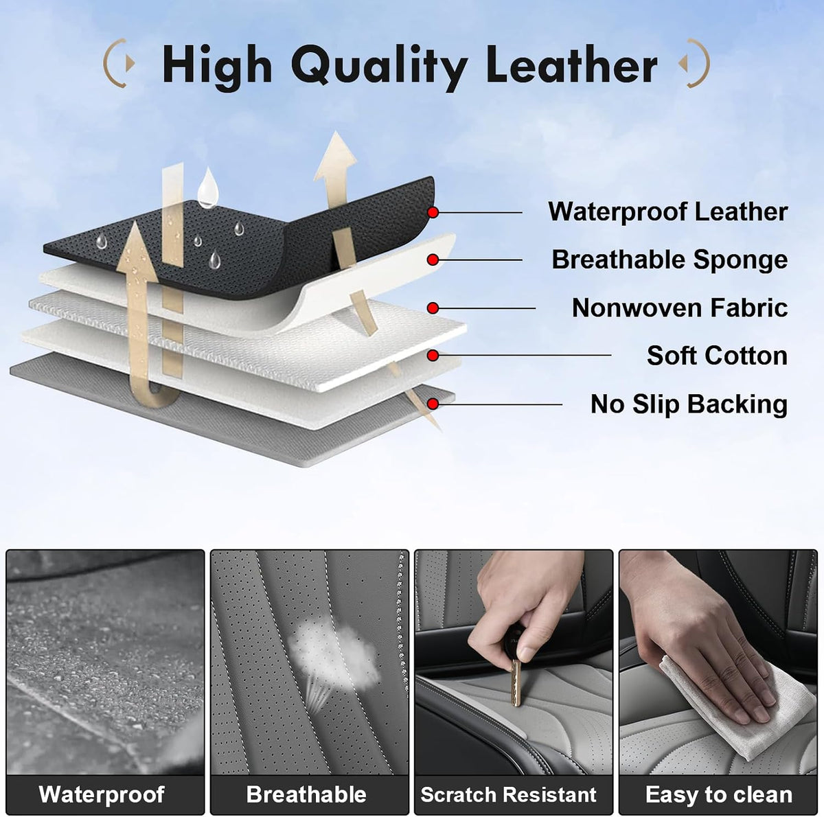Coverado Seat Covers Full Set, Leather Car Seat Covers, Waterproof Seat Covers for Cars, Front and Back Seat Covers, Car Seat Protectors Car Seat Cushions Universal Fit for Most Cars, Black&Gray