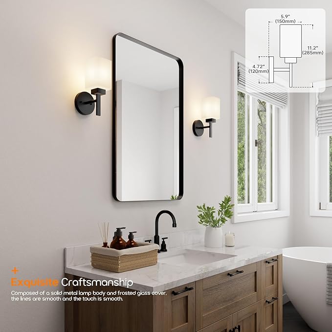 Wall Light Fixture Black Vanity Lighting Over Bathroom Mirror with White Frosted Glass, Wall Lamp for Hallway Washroom Porch Entrance T002MB-L1