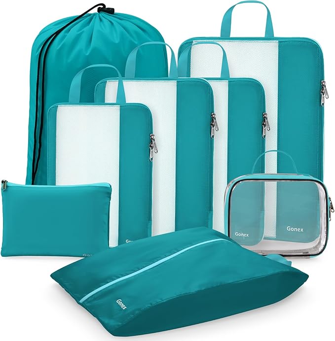 Gonex 8 Set Compression Packing Cubes, Expandable Mesh Organizer for Travel Accessories, Essentials With Toiletry, Laundry, Shoe, Cable Bags for Suitcases, Blue
