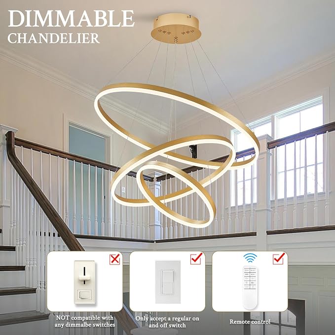 3-Rings Modern LED Chandelier Gold, Dimmable Pendant Lighting