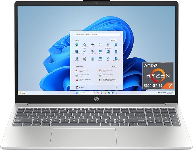 HP 15.6 inch Laptop, FHD Display, AMD Ryzen 7 5825U, 8 GB RAM, 512 GB SSD, AMD Radeon Graphics, Windows 11 Home, Natural Silver, 15-fc0502nr