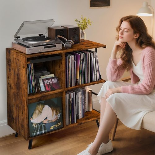 Faesun Vinyl Record Storage Stand - 3 Tier Flip Top Cabinet Holds 300+ Albums | Rustic Brown Turntable Display