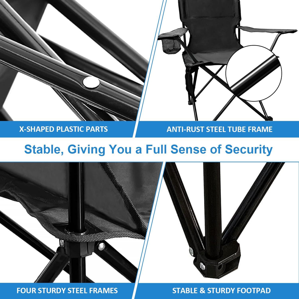 Skiennix Folding Camping Chair - Portable High Back Outdoor Chair with Cup Holder & Storage Bag | Supports 300lbs, Black