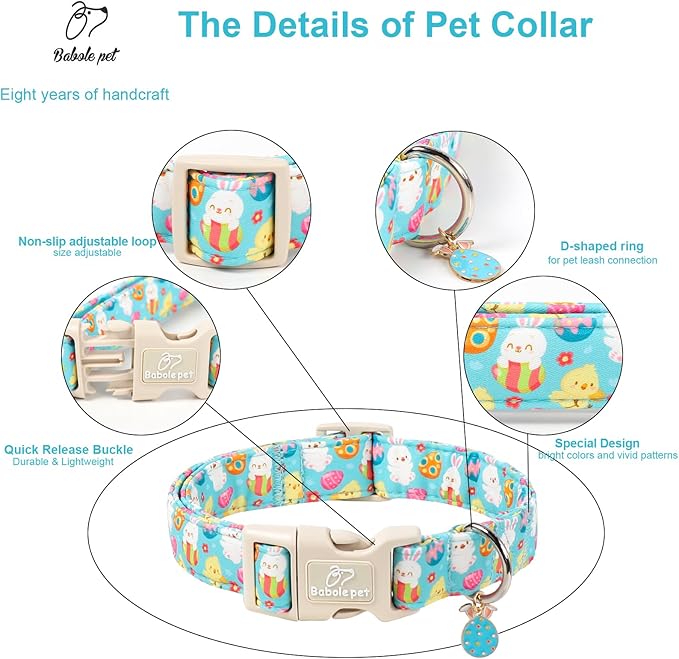 Easter Dog Collar for Medium Dogs - Cute Easter Egg Hunt Dog Collars for Boy Girl Dogs, Playful Bunny & Chick Print, Lightweight Adjustable Spring Holiday Dog Collar M