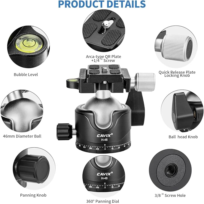 CAVIX Tripod Ball Head with 1/4" Arca Swiss Quick Release Plate Aluminium