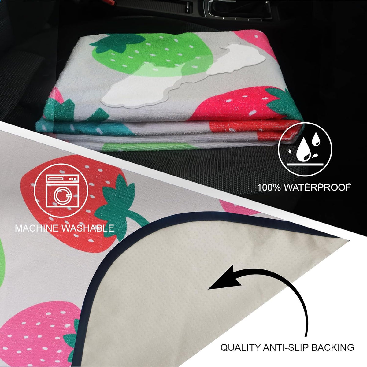 Sweat Towel Car Seat Cover Protector Front Seats for Gym Workout, Running, Swimming, Beach and Hiking, Waterproof Universal Seat Cover for Car, Trucks, Van & SUV (1, Strawberry, Rear Seat)