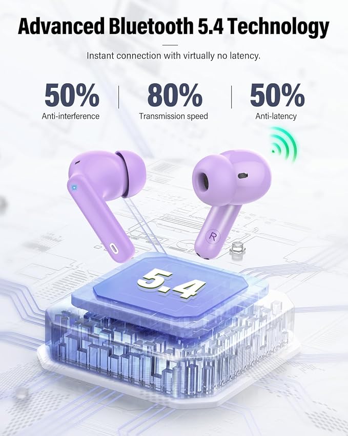 Wireless Earbuds, Bluetooth 5.4 Headphones Bass Stereo/Clear Calls, Purple | Ear Buds with Noise Cancelling Mic LED Display in Ear Earphones IP7 Waterproof 36H Bluetooth Earbuds for Phones/Sport/Laptop