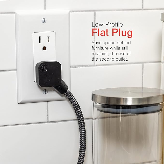 GE 3-Outlet Power Strip Mini Extension Cord with Multiple Outlets 5 Inch Braided Short Cord Extension Cord Grounded Flat Plug UL Listed Black 45191