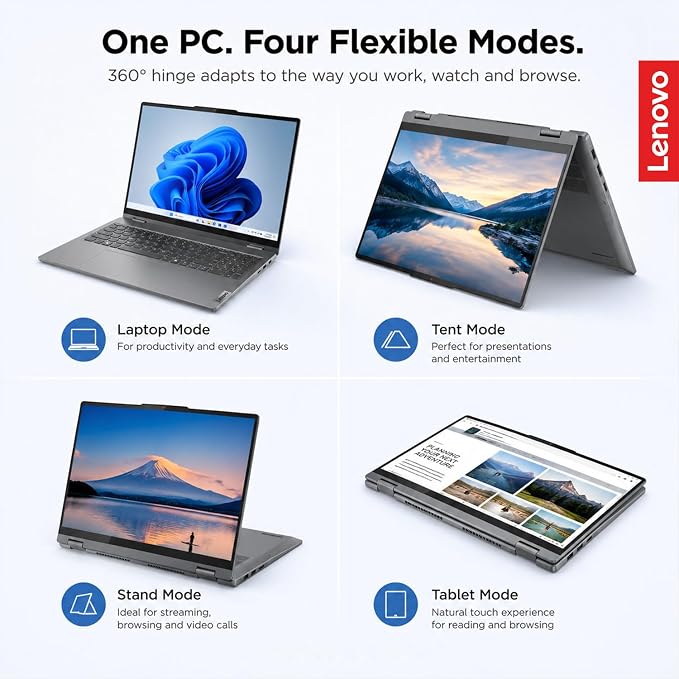 Lenovo IdeaPad 5 2-in-1 Convertible Laptop, AMD Ryzen 7 8845HS Processor, 16" WUXGA IPS Touchscreen, 16GB DDR5 RAM, 512GB SSD, Fingerprint Reader, Backlit Keys, Wi-Fi 6, Windows 11 Home, WOWPC USB