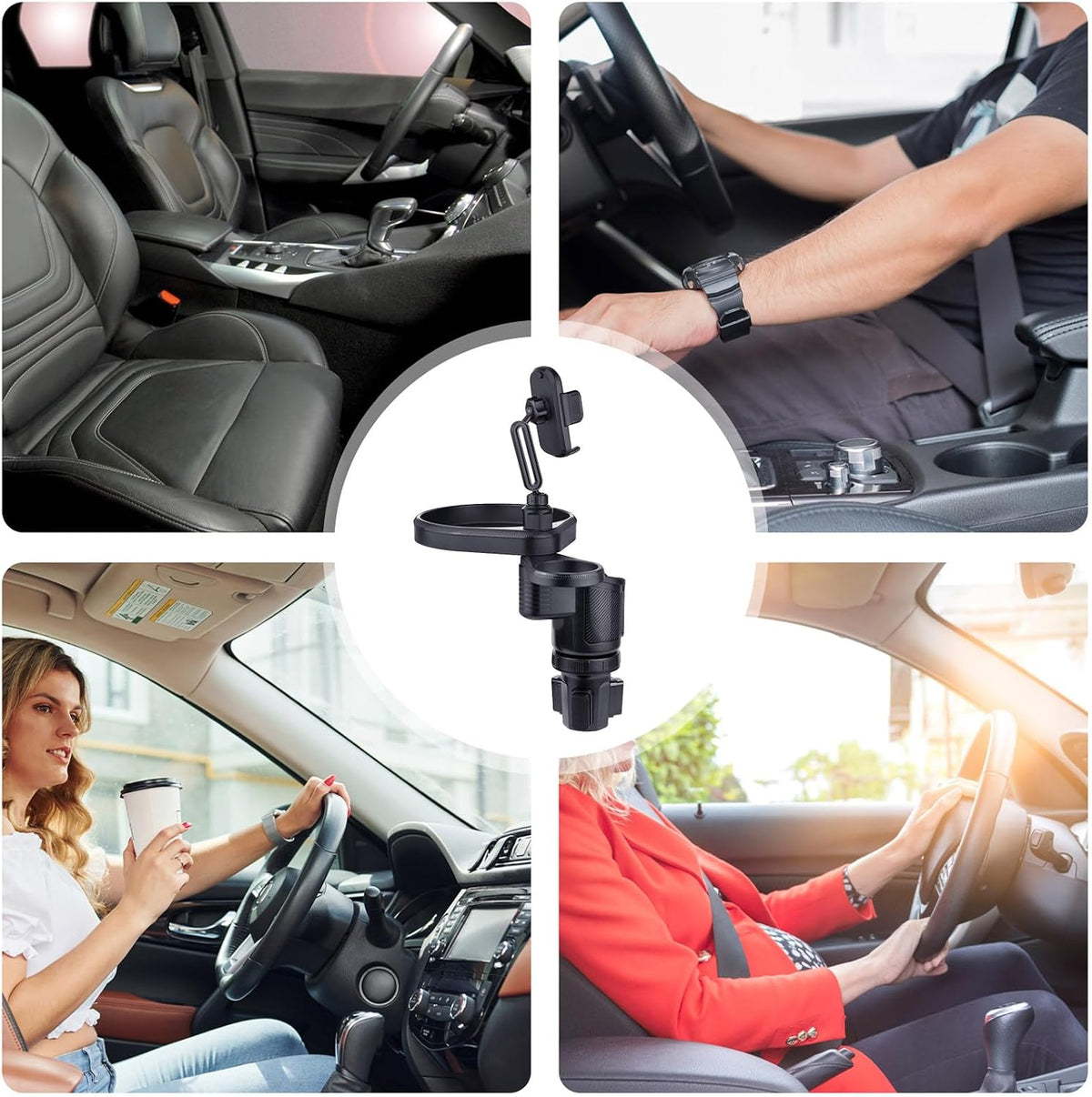 4-in-1 Car Cup Holder Expander - Rotating Tray with Phone Mount & Food Tray, Adjustable Base for Most Vehicles/RV/Trucks