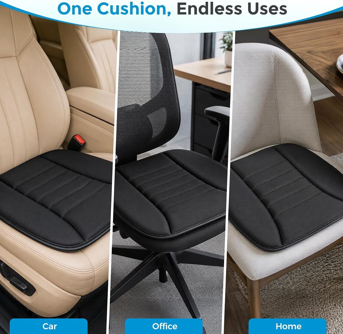 Tsumbay Car Seat Cushion, Memory Foam Seat Cover with Non-Slip Bottom, Universal Fit for Cars, Homes, and Offices - Soft and Comfortable, Black