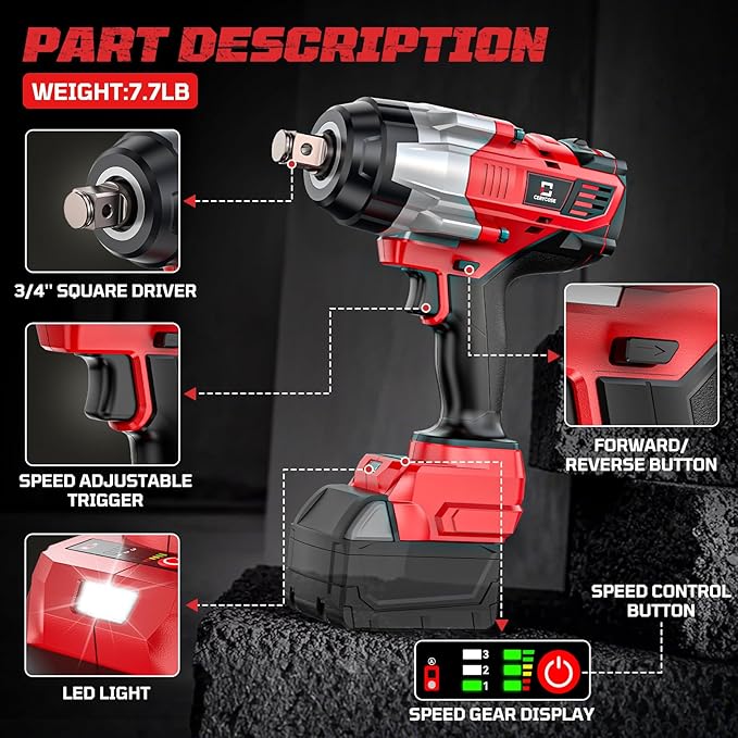 Cordless Impact Wrench 3/4 inch Compatible with Milwaukee Battery, Cerycose1850ft-lbs (2500N.m) Brushless Electric Impact Gun, High Torque Impact Driver, Heavy-Duty Automotive with 4 Sockets